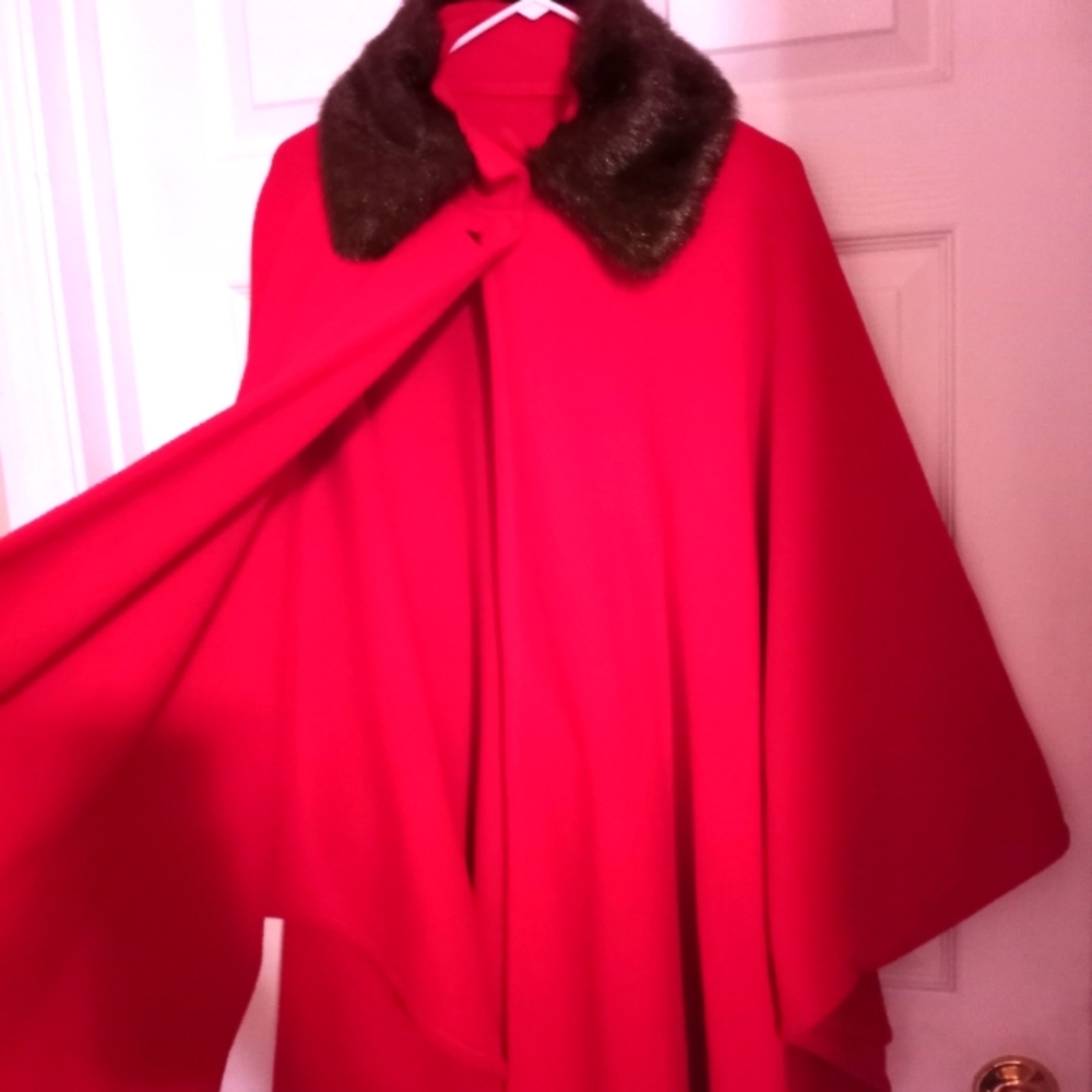 Women's Fur Collar Red Poncho Sweater One size fitts all